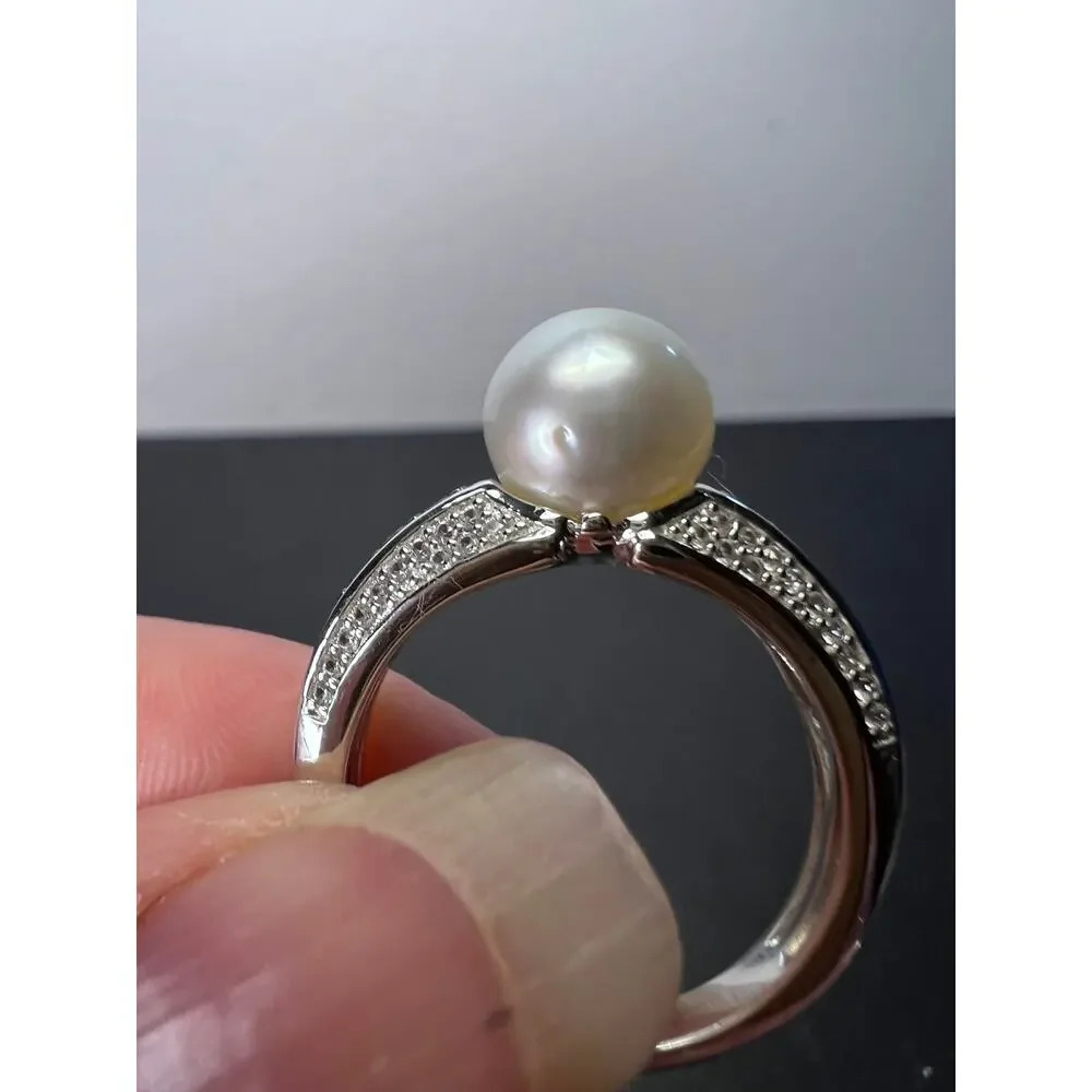 White cultured pearl and black spinel sterling silver ring size 9 - Picture 8 of 10